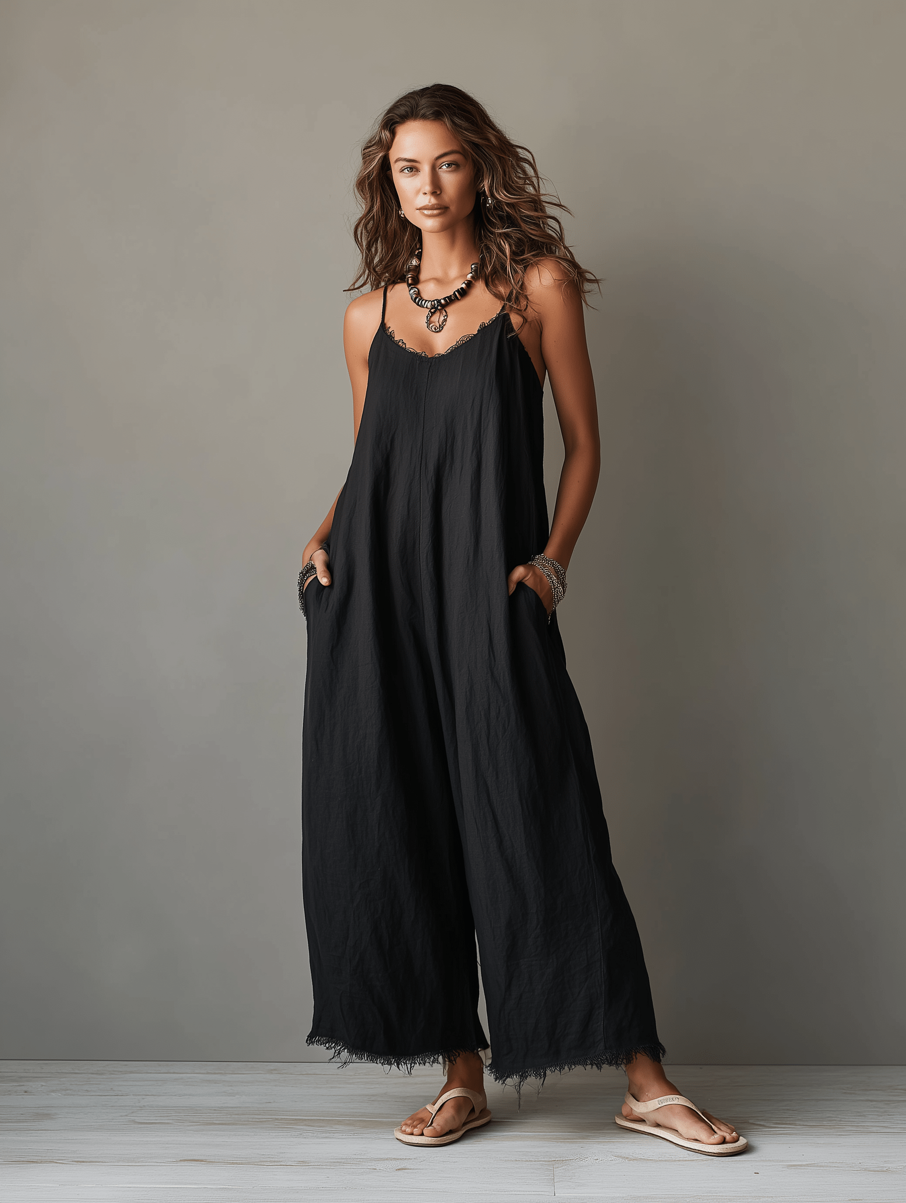 Minimalist jumpsuit for women featuring a lace neckline, adjustable straps, and a relaxed fit, crafted from soft breathable fabric for comfort and style. 3