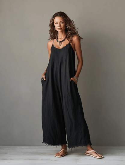 Minimalist jumpsuit for women featuring a lace neckline, adjustable straps, and a relaxed fit, crafted from soft breathable fabric for comfort and style. 3