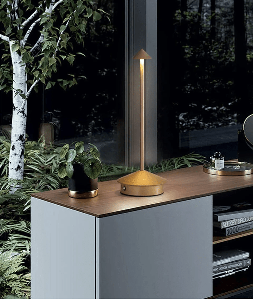 Minimalist wireless table lamp featuring a sleek design, dimmable LED functionality, and portability for indoor and outdoor use. 2