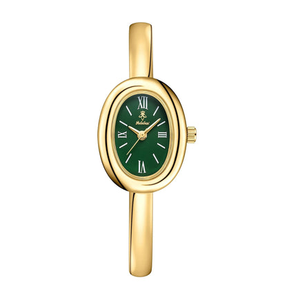 Minimalist women's watch featuring a golden glow dial and sleek stainless steel bracelet, perfect for everyday elegance. 8