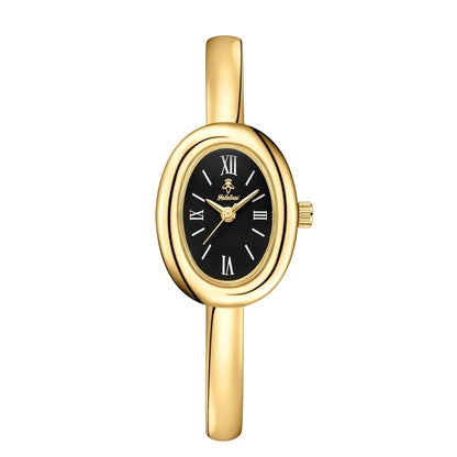 Minimalist women's watch featuring a golden glow dial and sleek stainless steel bracelet, perfect for everyday elegance. 1