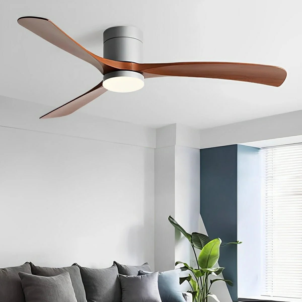 Modern ceiling fan featuring a sleek flush mount design, integrated LED light, and 6-speed reversible motor for whisper-quiet operation, perfect for enhancing home 4