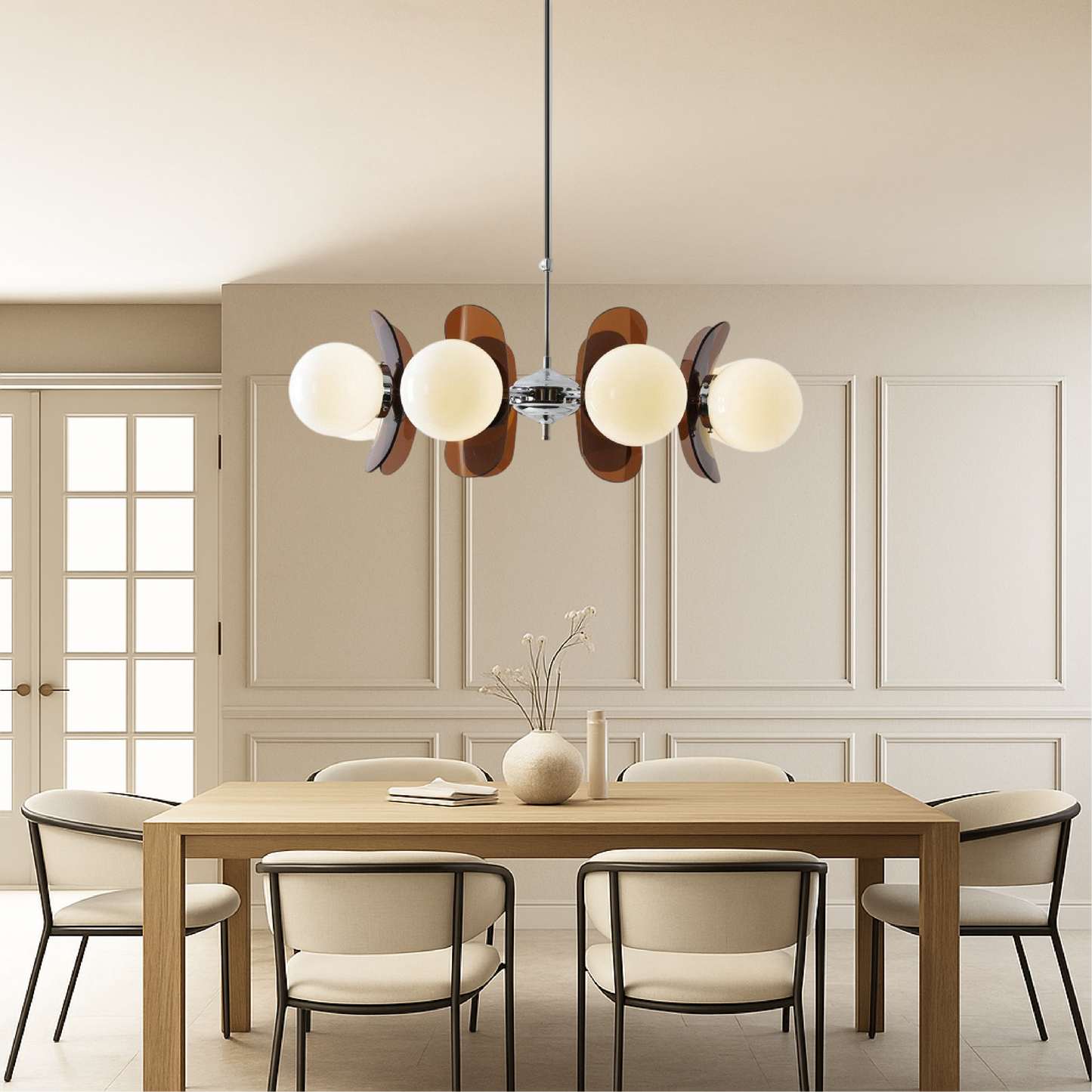 Modern chandelier light featuring an adjustable cable, showcasing a Bauhaus-inspired iron design complemented by elegant frosted glass spheres. 4