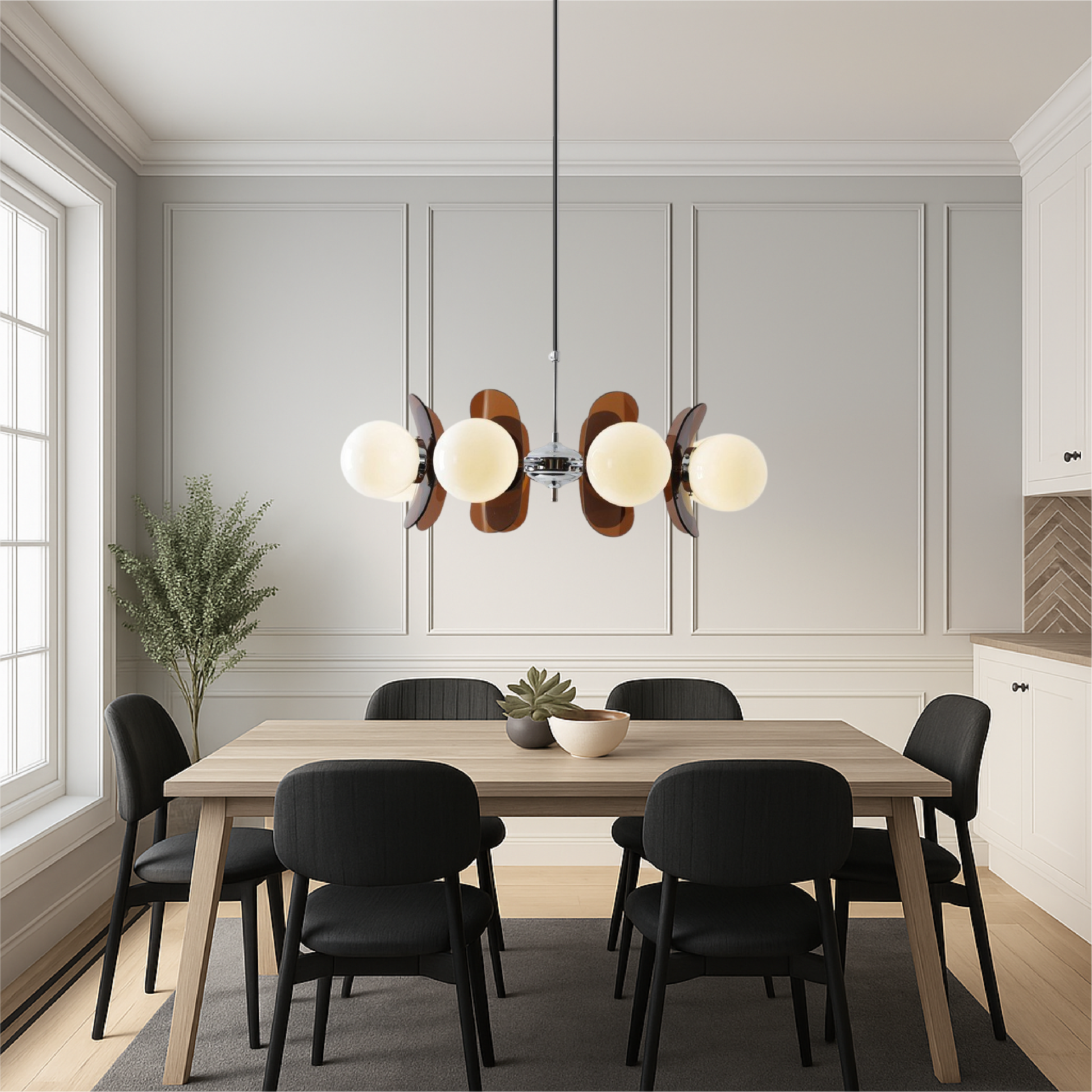Modern chandelier light featuring an adjustable cable, showcasing a Bauhaus-inspired iron design complemented by elegant frosted glass spheres. 5