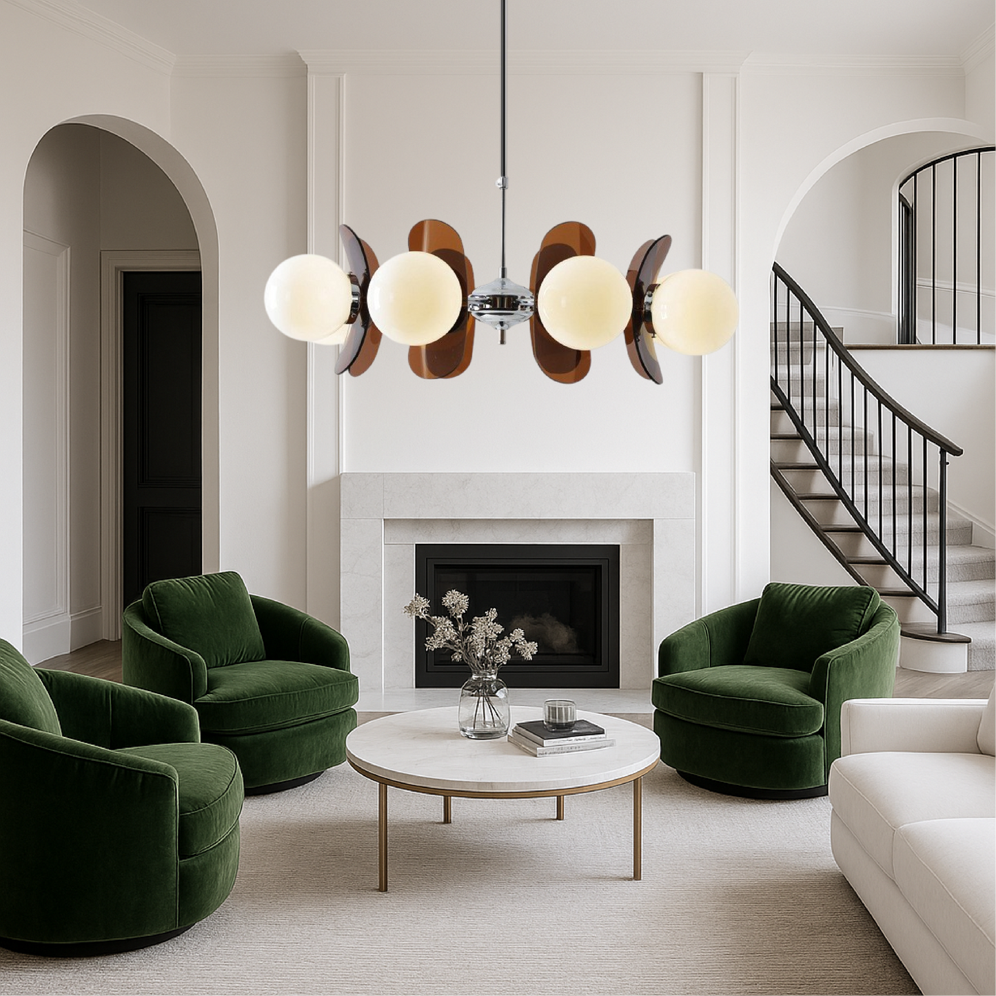 Modern chandelier light featuring an adjustable cable, showcasing a Bauhaus-inspired iron design complemented by elegant frosted glass spheres. 2
