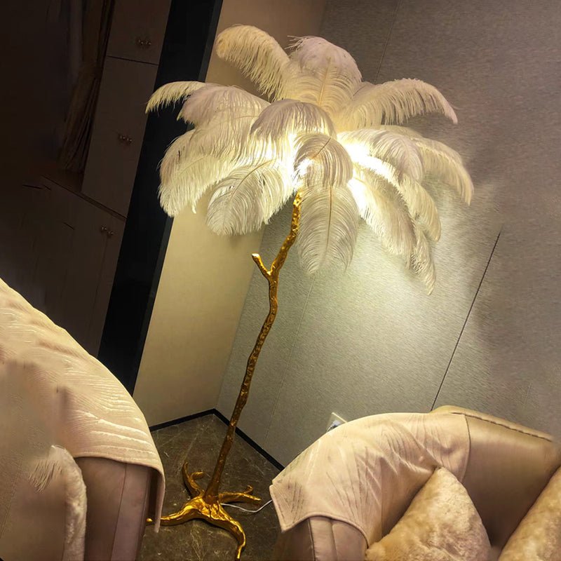 Modern floor lamp featuring a dimmable LED light and an elegant ostrich feather shade, perfect for enhancing stylish interiors. 4