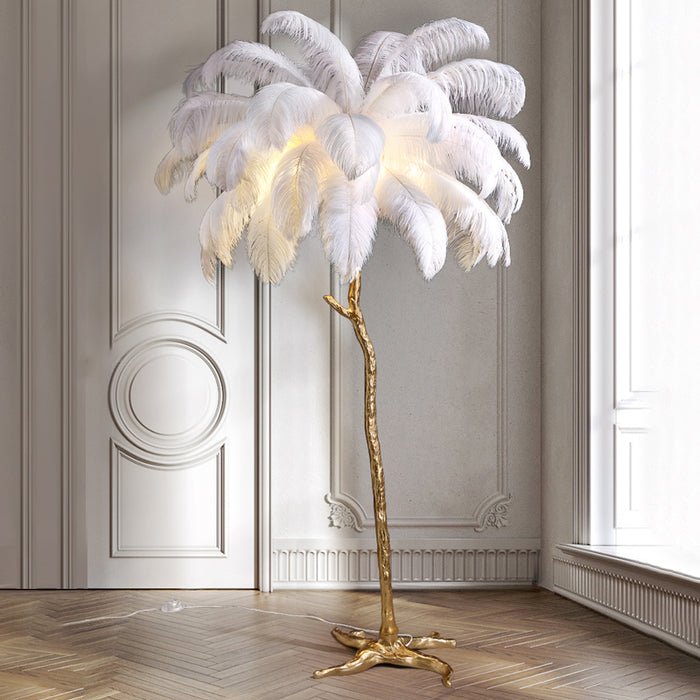 Modern floor lamp featuring a dimmable LED light and an elegant ostrich feather shade, perfect for enhancing stylish interiors. 3