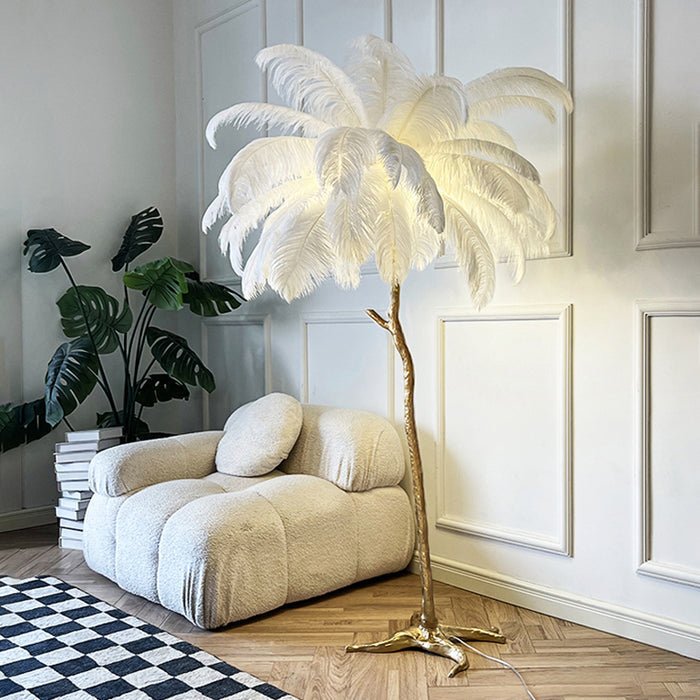 Modern floor lamp featuring a dimmable LED light and an elegant ostrich feather shade, perfect for enhancing stylish interiors. 1