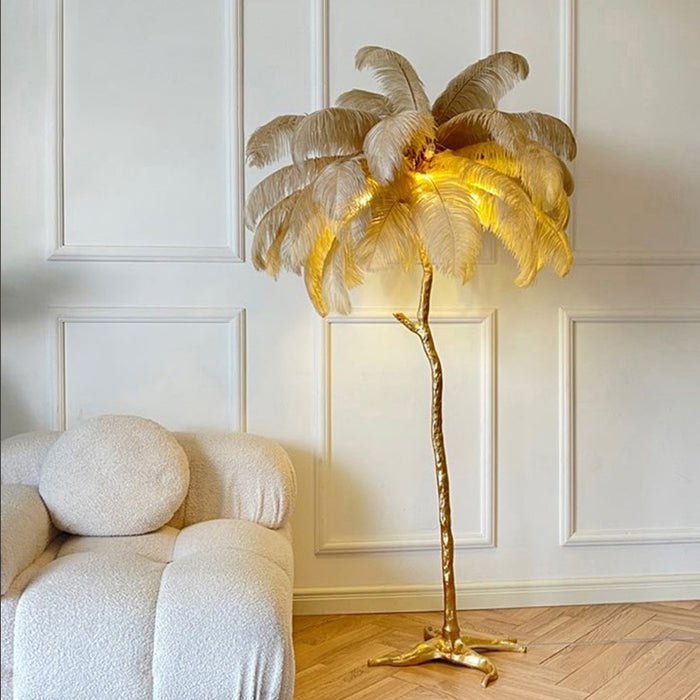 Modern floor lamp featuring a dimmable LED light and an elegant ostrich feather shade, perfect for enhancing stylish interiors. 2