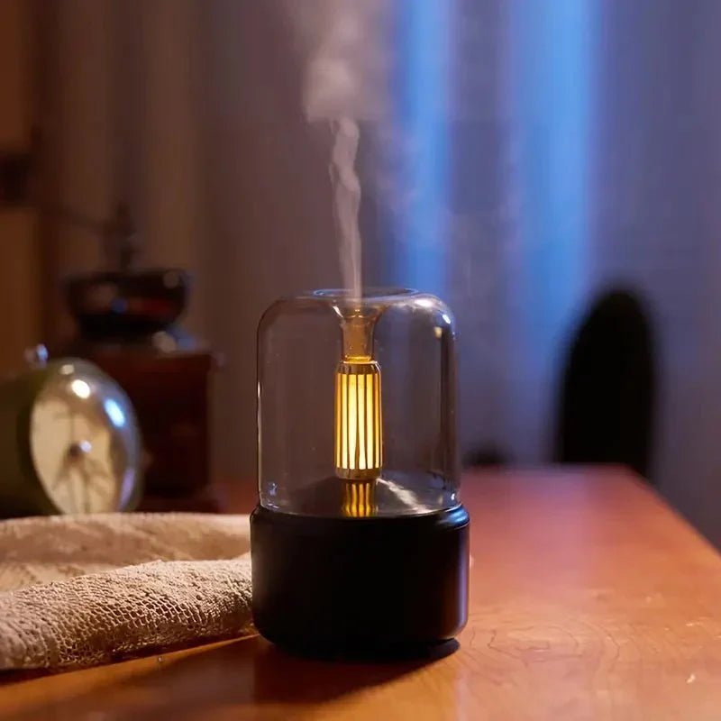 Modern LED aroma diffuser featuring a captivating flame effect, designed for essential oils, perfect for relaxation and enhancing home decor. 0