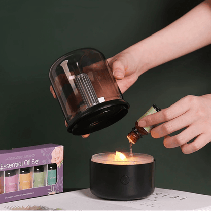Modern LED aroma diffuser featuring a captivating flame effect, designed for essential oils, perfect for relaxation and enhancing home decor. 4