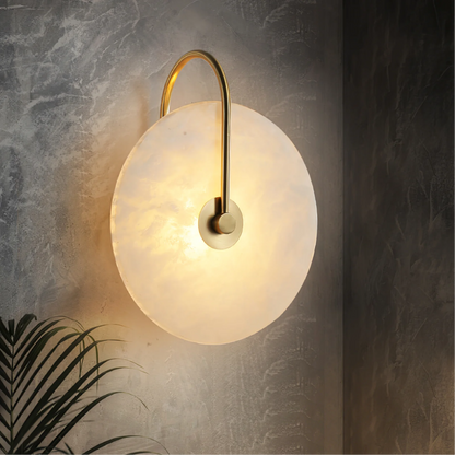 Modern LED wall lamp featuring a sleek golden arm and a stylish marble shade, perfect for minimalist home decor and elegant lighting solutions. 1