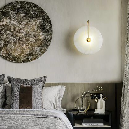Modern LED wall lamp featuring a sleek golden arm and a stylish marble shade, perfect for minimalist home decor and elegant lighting solutions. 5