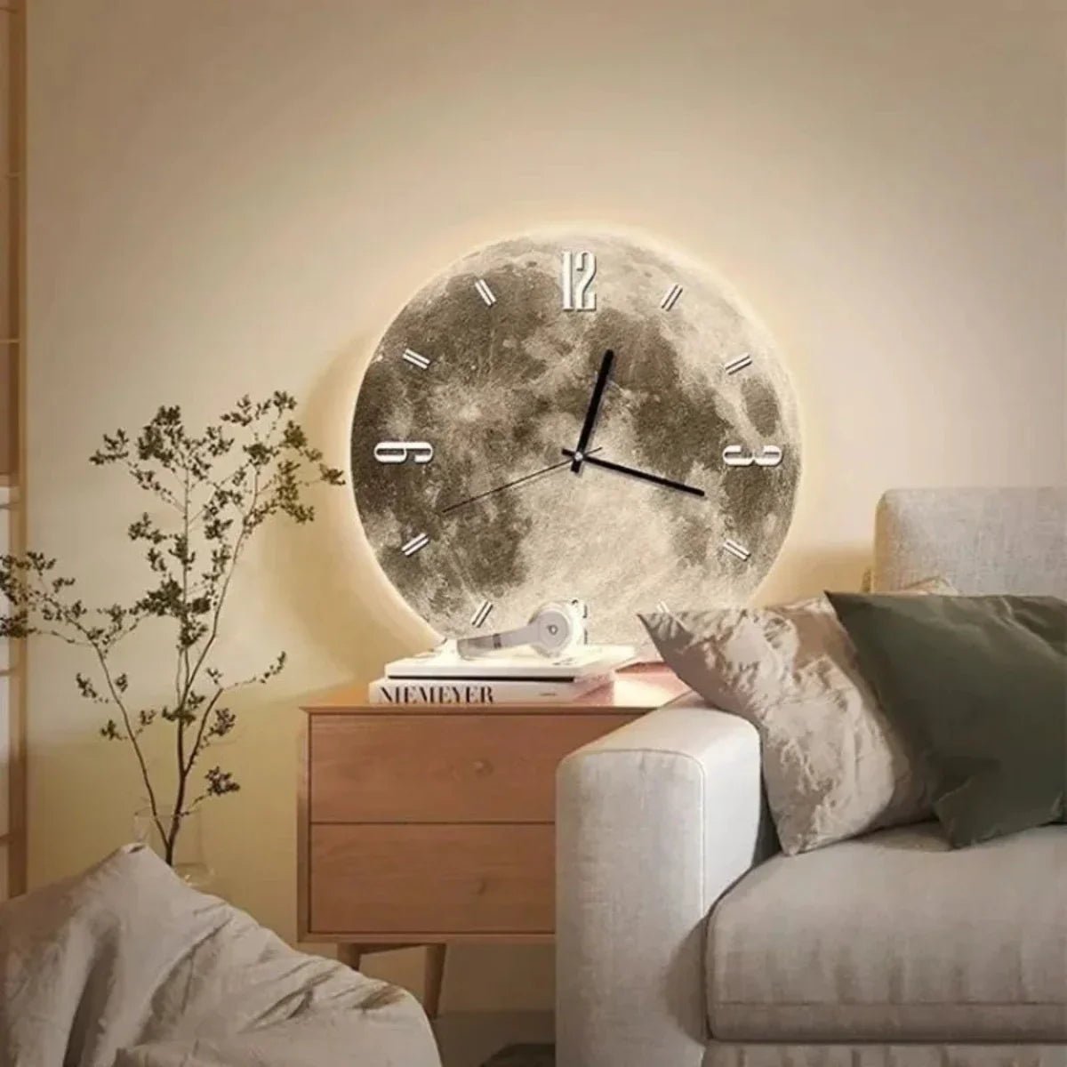 Modern wall clock featuring a unique wooden design with night sky lighting, perfect for enhancing contemporary interiors. 3