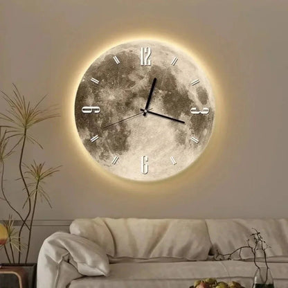Modern wall clock featuring a unique wooden design with night sky lighting, perfect for enhancing contemporary interiors. 4