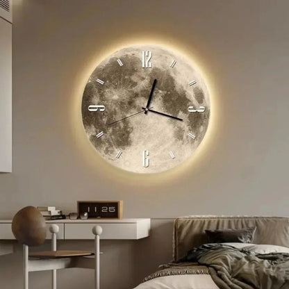 Modern wall clock featuring a unique wooden design with night sky lighting, perfect for enhancing contemporary interiors. 5