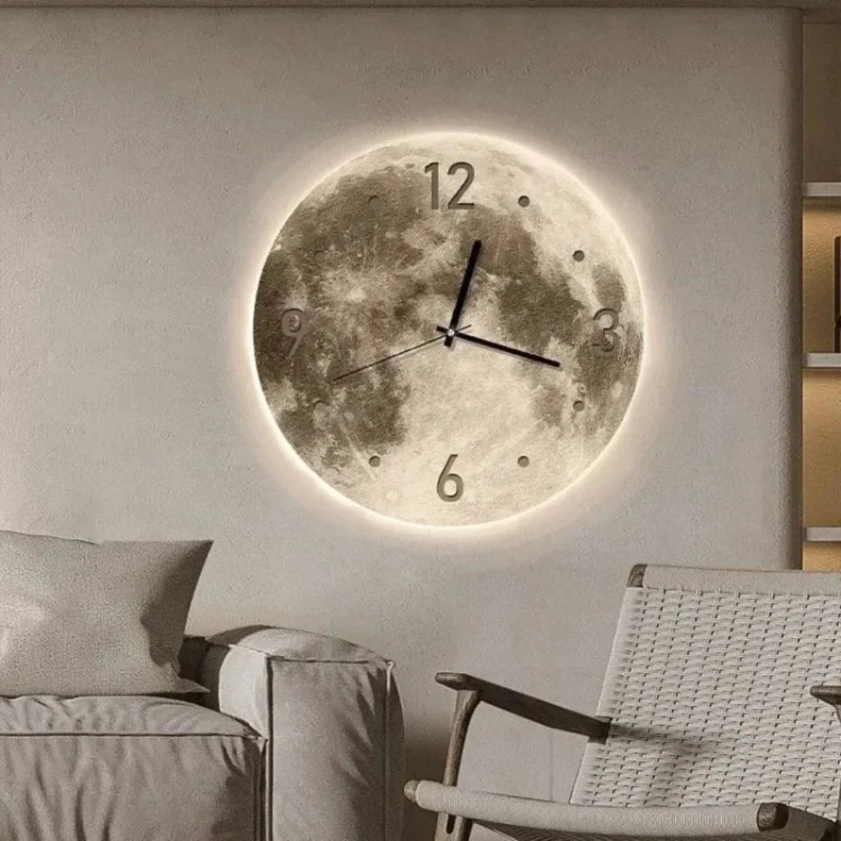 Modern wall clock featuring a unique wooden design with night sky lighting, perfect for enhancing contemporary interiors. 2