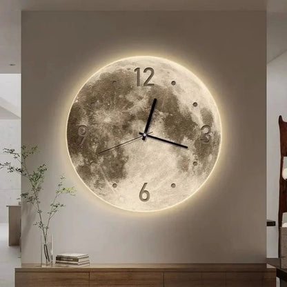Modern wall clock featuring a unique wooden design with night sky lighting, perfect for enhancing contemporary interiors. 0