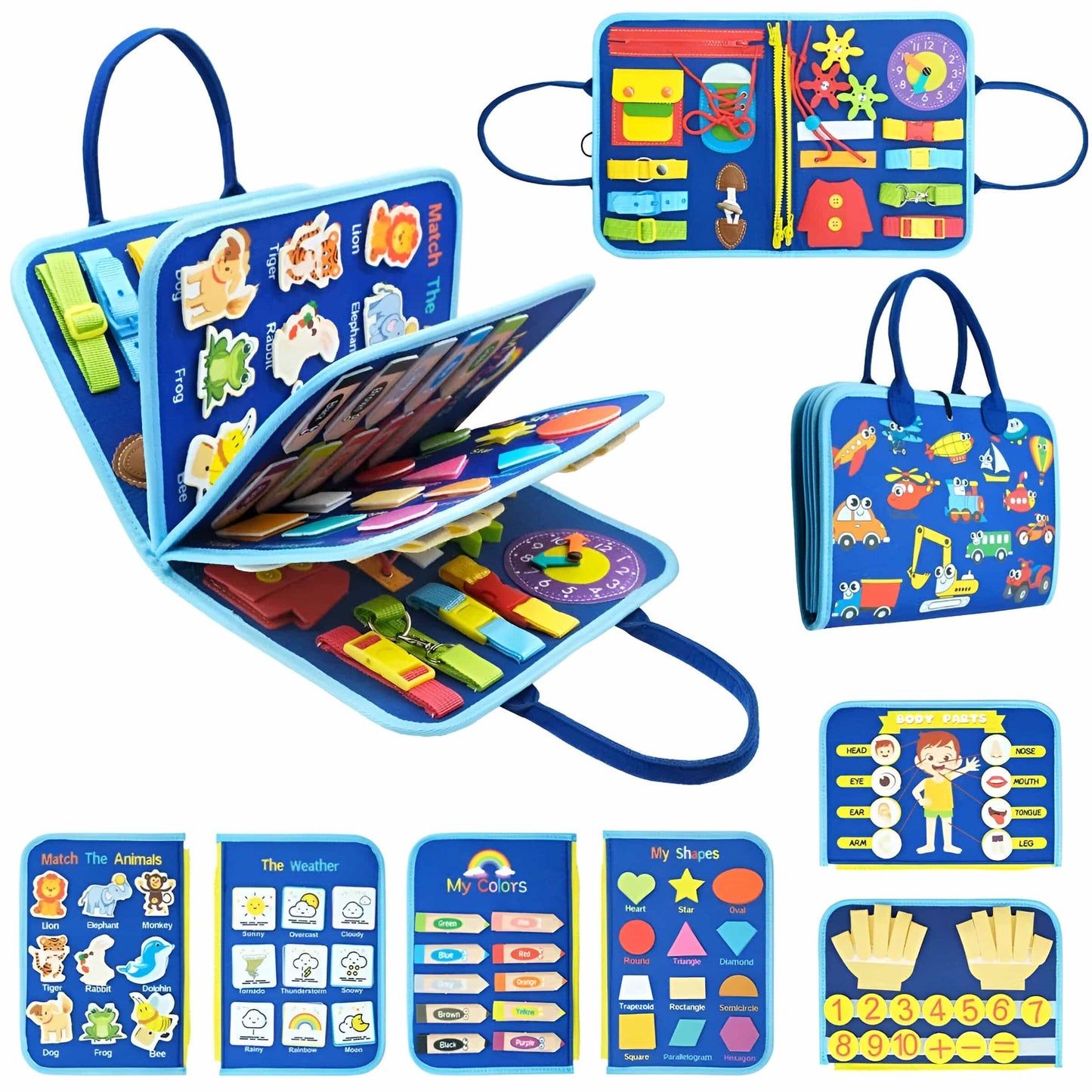 Montessori Busy Book for Toddlers ages 2-5 featuring fine motor skills activities, designed as an interactive quiet book made from soft, non 0