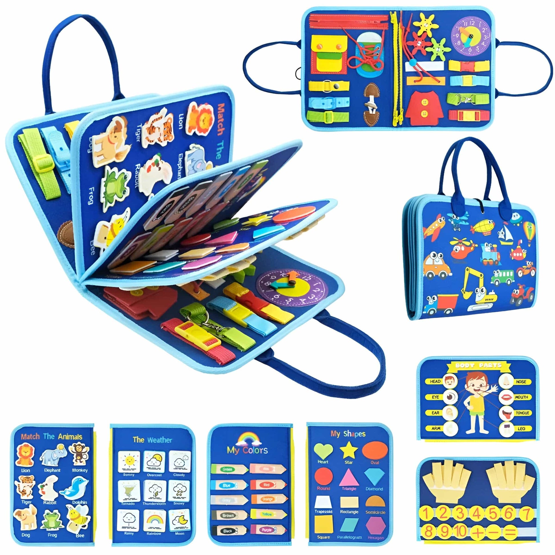 Montessori Busy Book for Toddlers ages 2-5 featuring fine motor skills activities, designed as an interactive quiet book made from soft, non 0