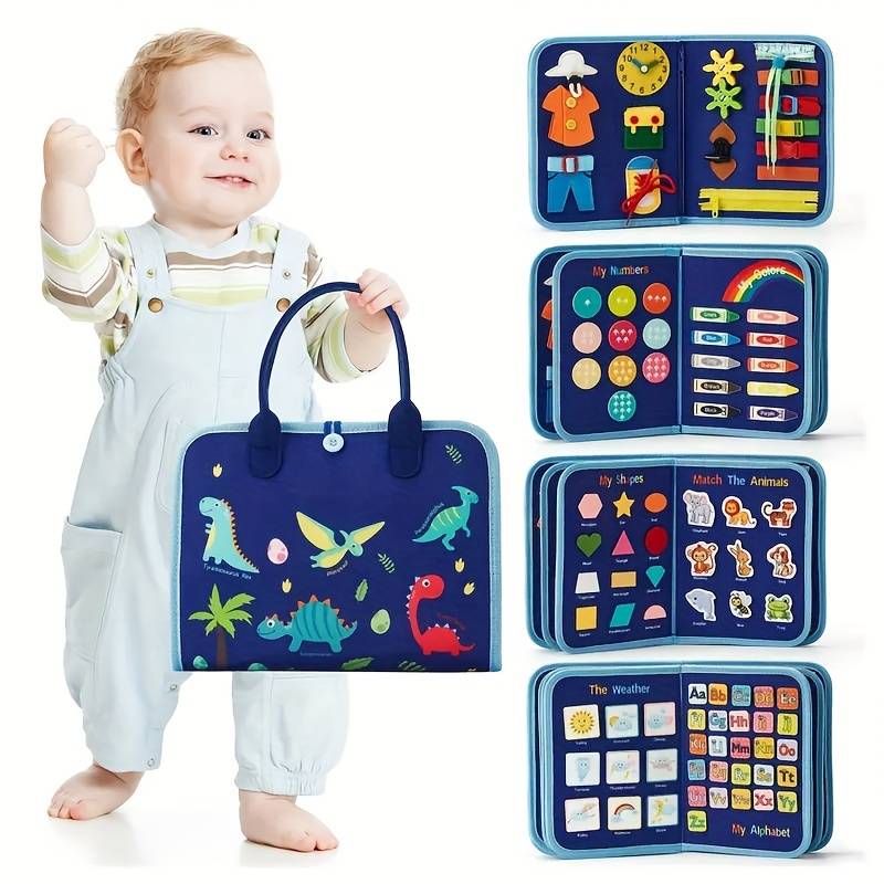 Montessori Busy Book for Toddlers ages 2-5 featuring fine motor skills activities, designed as an interactive quiet book made from soft, non 3