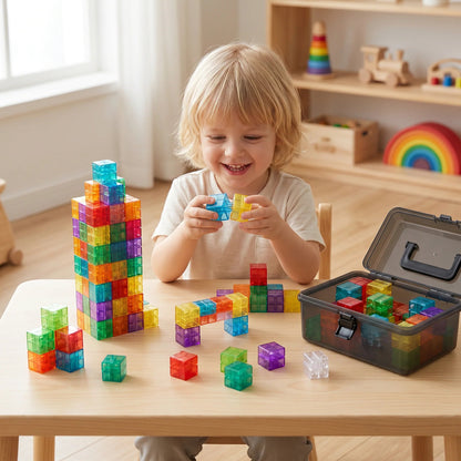 Montessori Cube Building Blocks Set for Kids, featuring durable multicolor plastic blocks designed for creative learning and educational play. 0