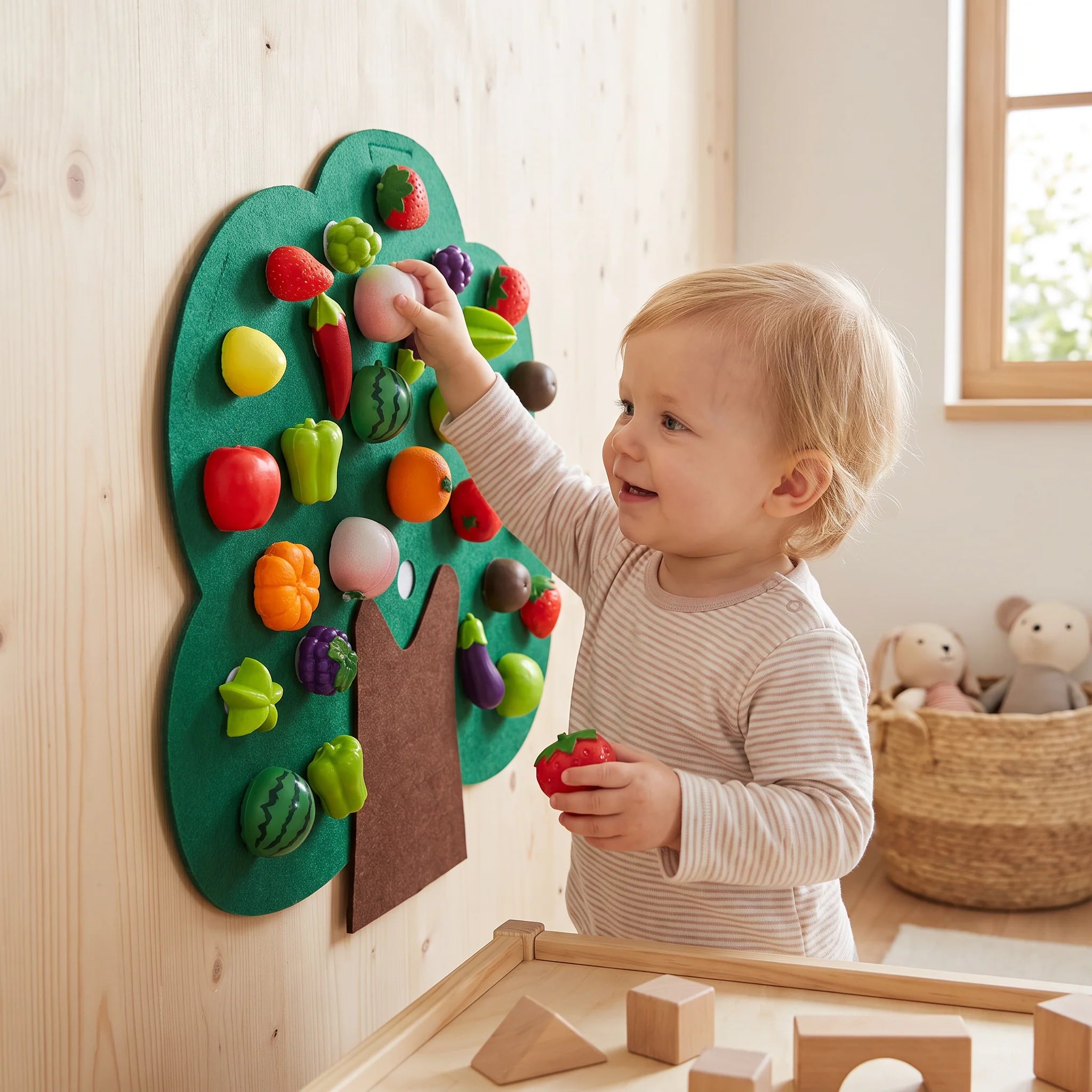 Montessori Educational Toy Activity Board featuring removable felt fruits, designed for independent play and ideal for toddlers aged 1 to 3 years. 0
