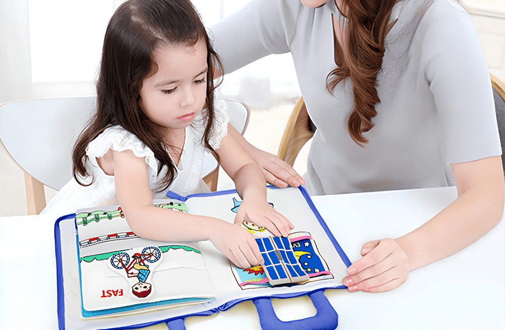 Montessori Fabric Activity Book for Toddlers featuring 10 interactive pages designed for hands-on learning and sensory exploration. 4