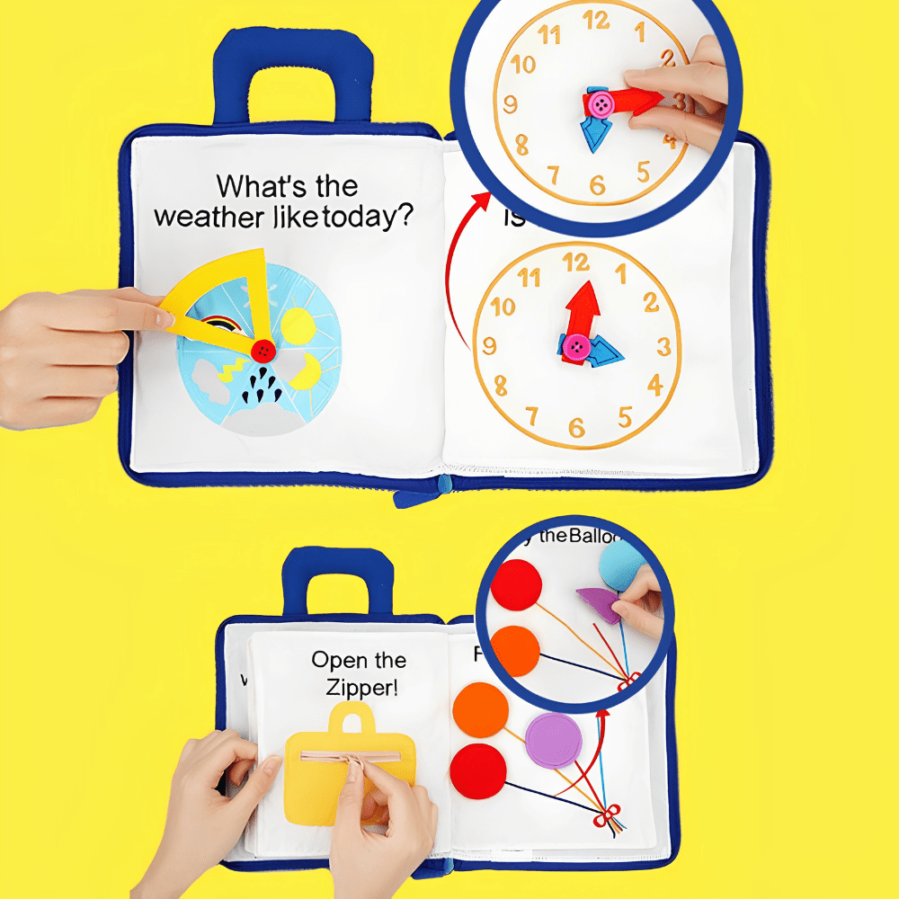 Montessori Fabric Activity Book for Toddlers featuring 10 interactive pages designed for hands-on learning and sensory exploration. 3
