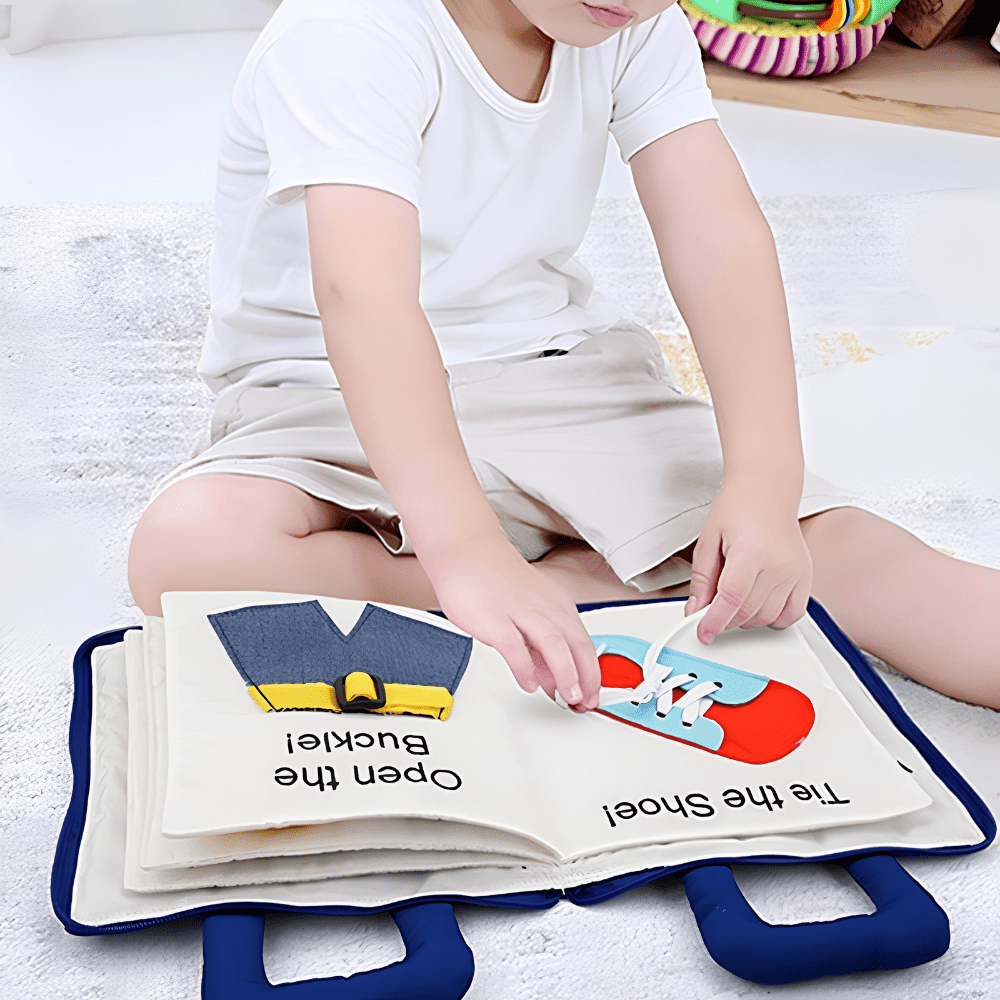 Montessori Fabric Activity Book for Toddlers featuring 10 interactive pages designed for hands-on learning and sensory exploration. 2