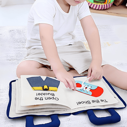 Montessori Fabric Activity Book for Toddlers featuring 10 interactive pages designed for hands-on learning and sensory exploration. 2