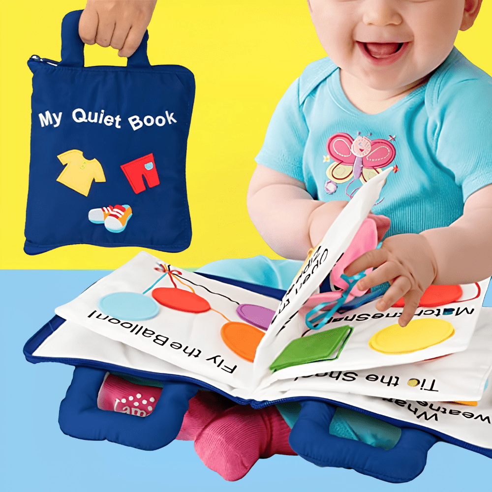Montessori Fabric Activity Book for Toddlers featuring 10 interactive pages designed for hands-on learning and sensory exploration. 0