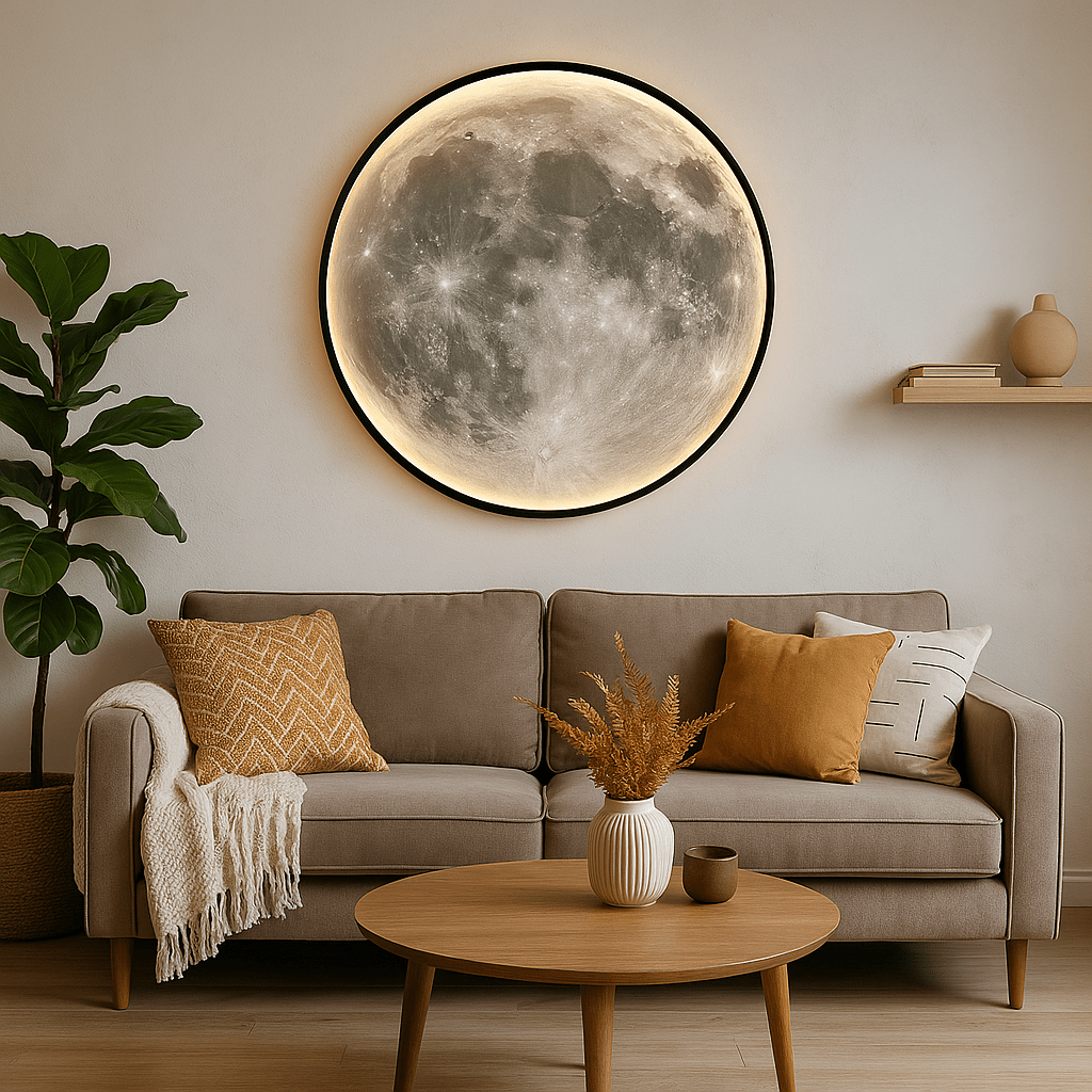 Moon Wall Lamp featuring a soft LED glow, designed for modern outdoor spaces, made from eco-friendly acrylic and iron, available in sizes 40-100 0