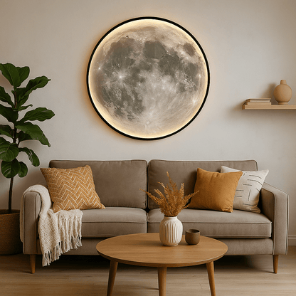 Moon Wall Lamp featuring a soft LED glow, designed for modern outdoor spaces, made from eco-friendly acrylic and iron, available in sizes 40-100 0