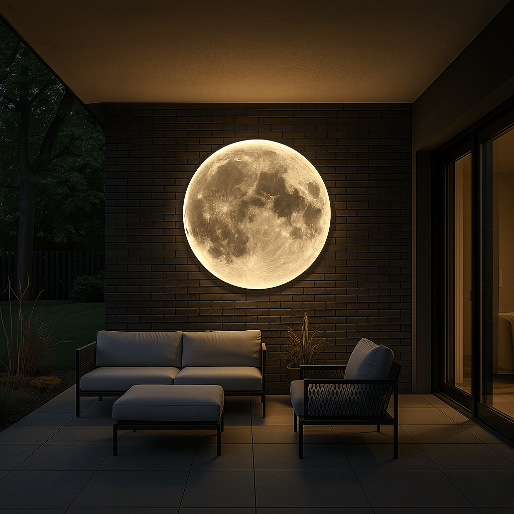 Moon Wall Lamp featuring a soft LED glow, designed for modern outdoor spaces, made from eco-friendly acrylic and iron, available in sizes 40-100 1