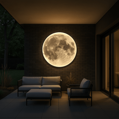 Moon Wall Lamp featuring a soft LED glow, designed for modern outdoor spaces, made from eco-friendly acrylic and iron, available in sizes 40-100 1