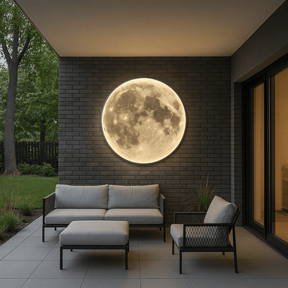 Moon Wall Lamp featuring a soft LED glow, designed for modern outdoor spaces, made from eco-friendly acrylic and iron, available in sizes 40-100 5