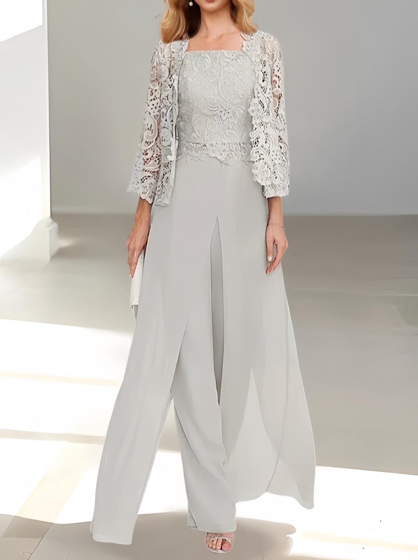 Elegant Mother of the Bride pantsuit featuring a stylish jacket and split side design, crafted from floor-length chiffon in sophisticated silver gray. 0