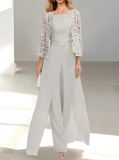Elegant Mother of the Bride pantsuit featuring a stylish jacket and split side design, crafted from floor-length chiffon in sophisticated silver gray. 0