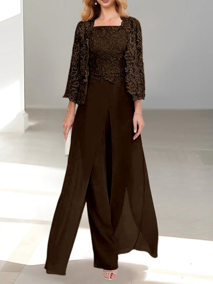Elegant Mother of the Bride pantsuit featuring a stylish jacket and split side design, crafted from floor-length chiffon in sophisticated silver gray. 38