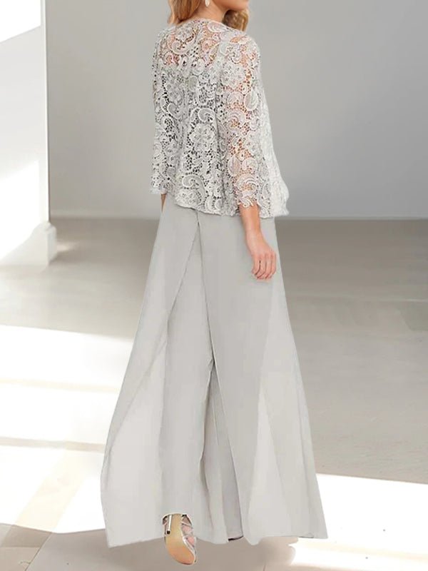 Elegant Mother of the Bride pantsuit featuring a stylish jacket and split side design, crafted from floor-length chiffon in sophisticated silver gray. 1