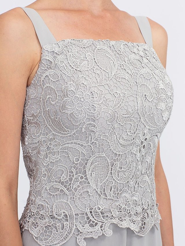 Elegant Mother of the Bride pantsuit featuring a stylish jacket and split side design, crafted from floor-length chiffon in sophisticated silver gray. 5
