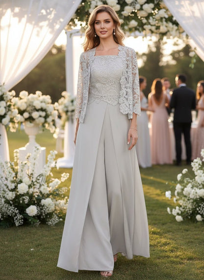Elegant Mother of the Bride pantsuit featuring a stylish jacket and split side design, crafted from floor-length chiffon in sophisticated silver gray. 2