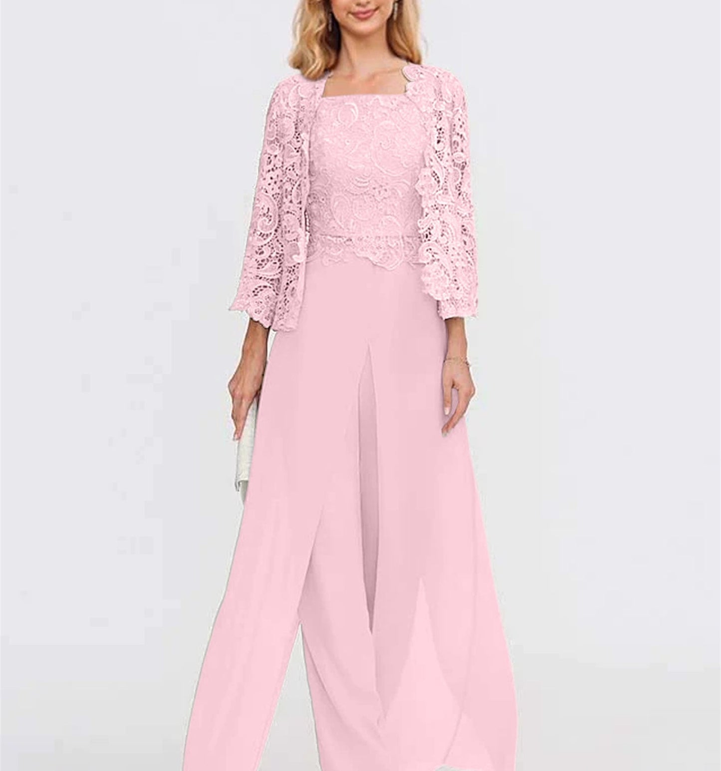 Elegant Mother of the Bride pantsuit featuring a stylish jacket and split side design, crafted from floor-length chiffon in sophisticated silver gray. 67