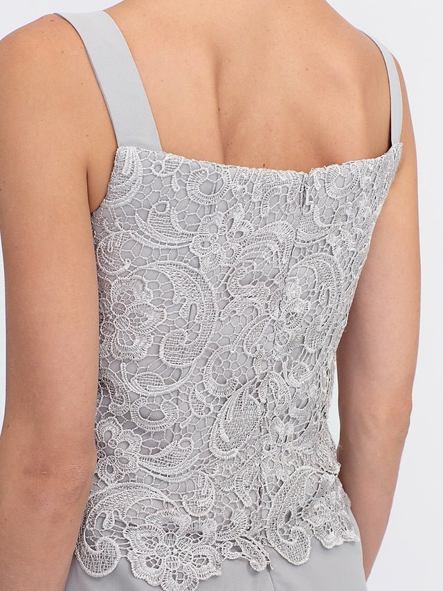 Elegant Mother of the Bride pantsuit featuring a stylish jacket and split side design, crafted from floor-length chiffon in sophisticated silver gray. 6