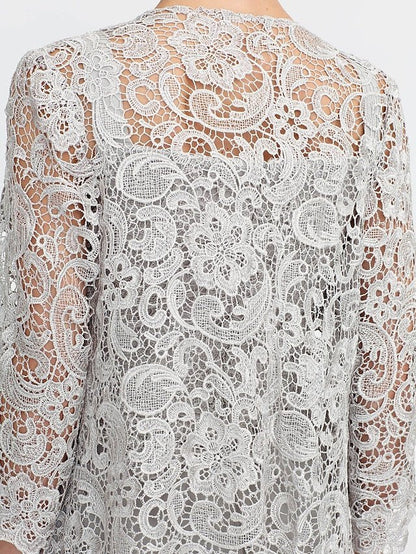 Elegant Mother of the Bride pantsuit featuring a stylish jacket and split side design, crafted from floor-length chiffon in sophisticated silver gray. 4