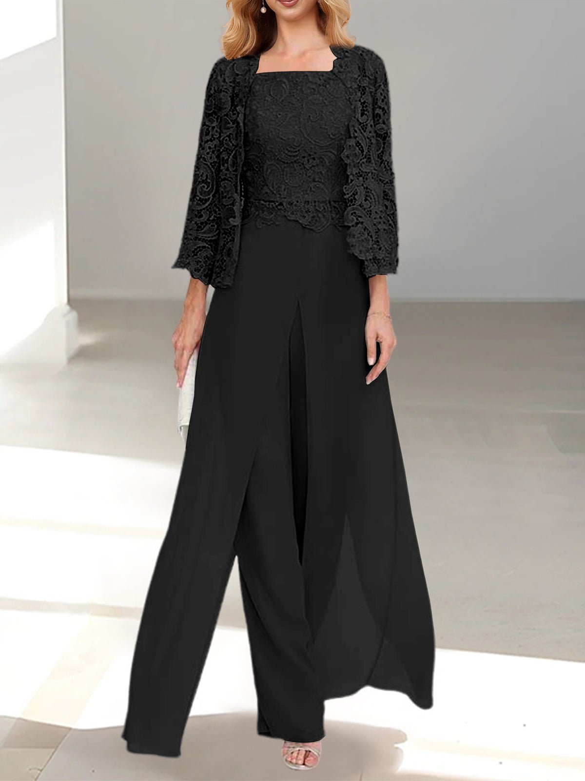 Elegant Mother of the Bride pantsuit featuring a stylish jacket and split side design, crafted from floor-length chiffon in sophisticated silver gray. 53
