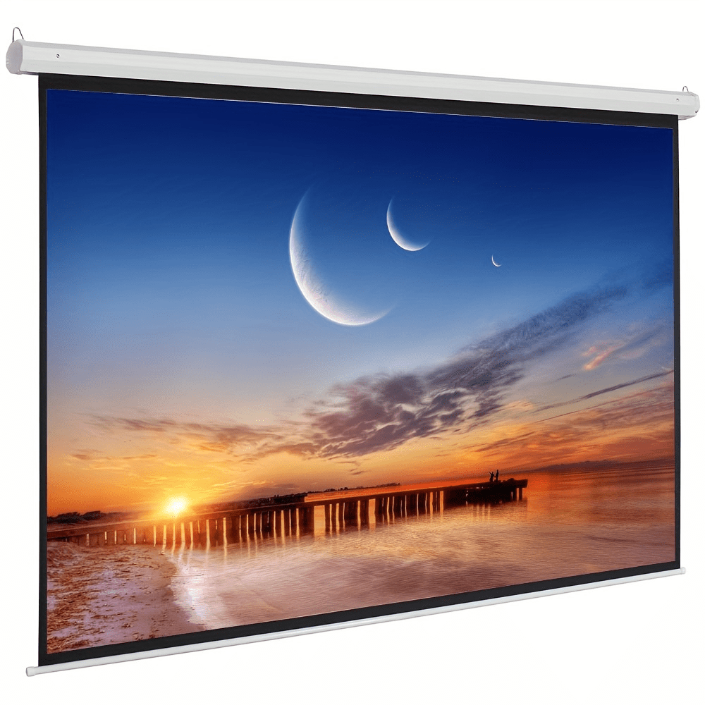 Motorized projector screen with remote control, featuring a 100-inch matte white high contrast display, ideal for home theater setups. 2