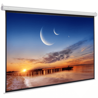 Motorized projector screen with remote control, featuring a 100-inch matte white high contrast display, ideal for home theater setups. 2