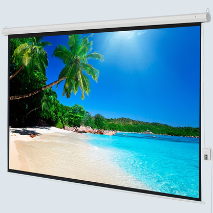 Motorized projector screen with remote control, featuring a 100-inch matte white high contrast display, ideal for home theater setups. 0
